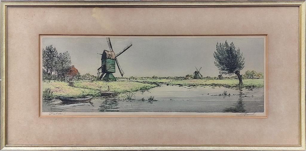 Polder - Kunstenaar: Antoon van Hemert, Antiek en Kunst, Kunst | Etsen en Gravures, 54 cm, Ingelijst, Ets, 27 cm
