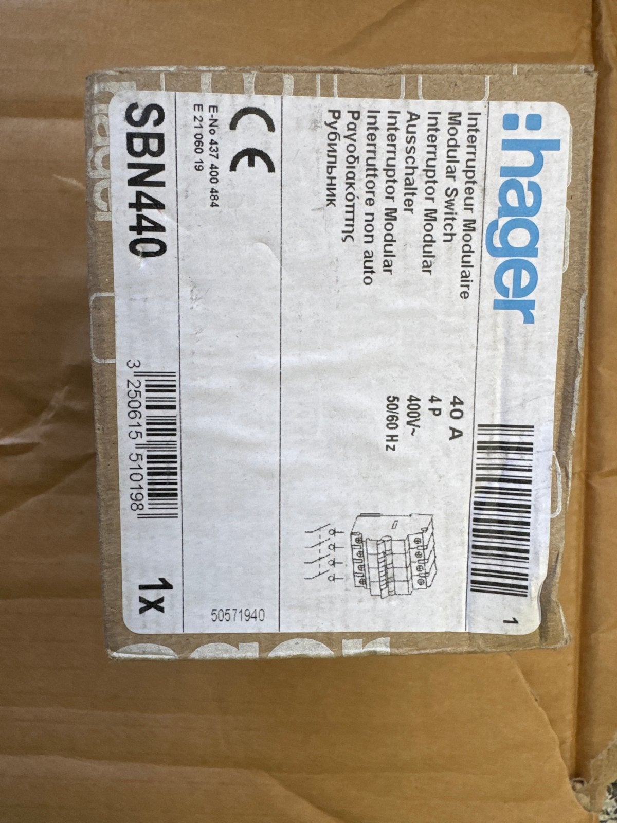 Hager SBN440 Modulaire Schakelaar 40A 4P, Ophalen of Verzenden, Nieuw, Schakelaar