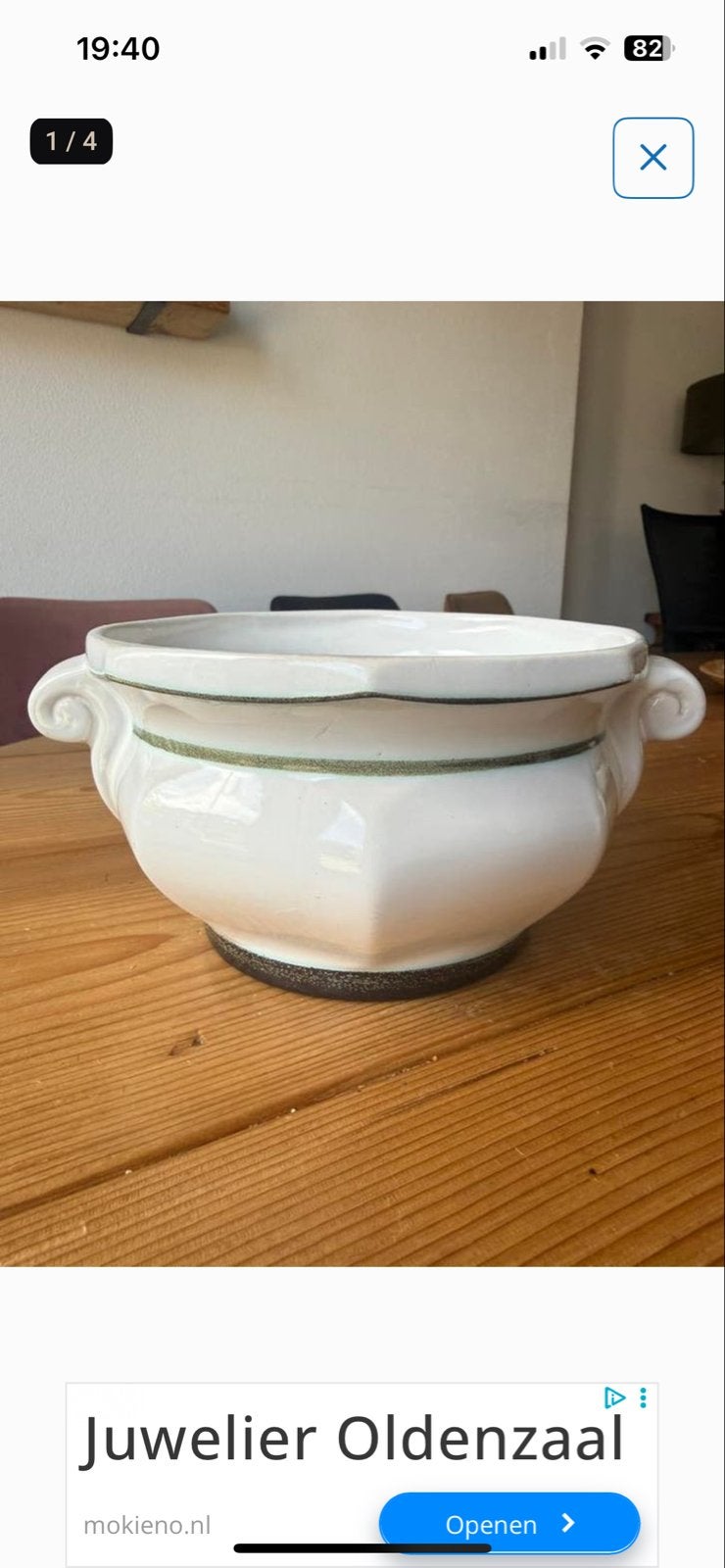 Vintage antieke Witte Keramische Soepterrine met Groene Rand, Antiek en Kunst, Antiek | Keramiek en Aardewerk, Ophalen of Verzenden
