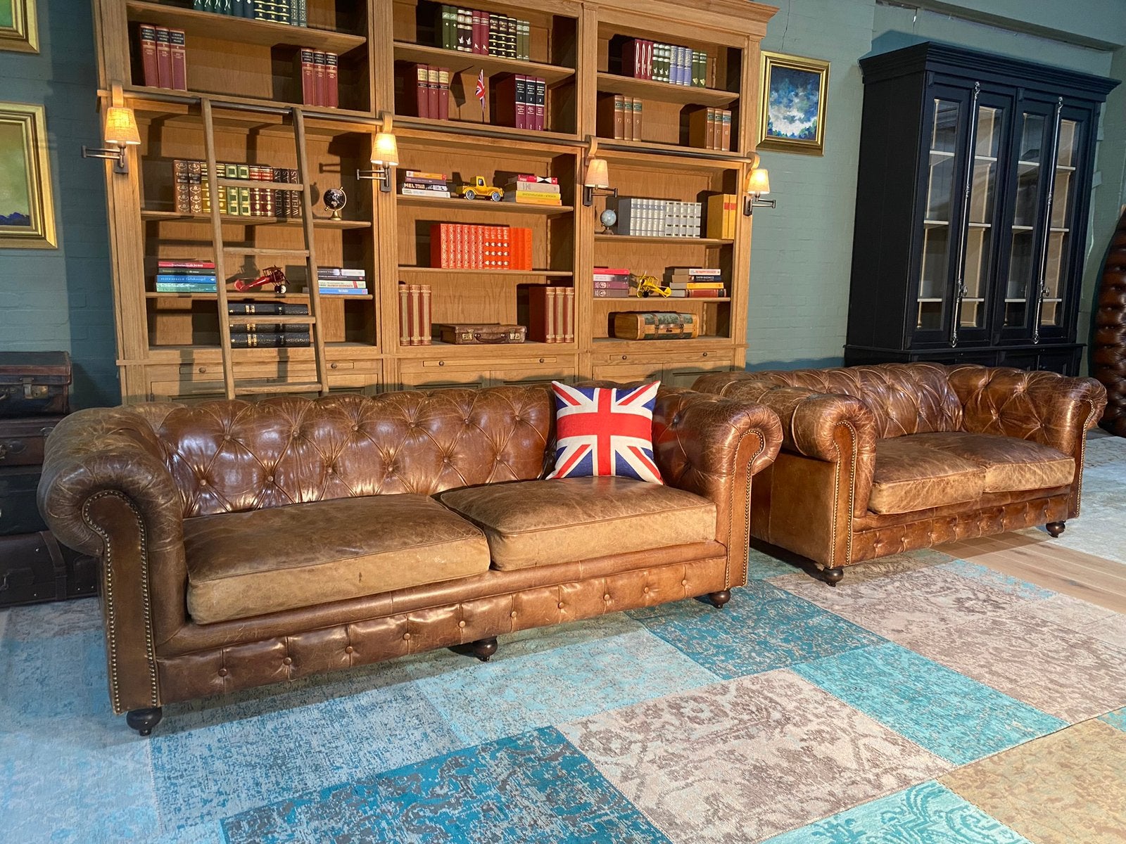 Chesterfield 3+2 zit bankstel vintage cognac, Ophalen, 125 cm of meer, Leer, Zo goed als nieuw