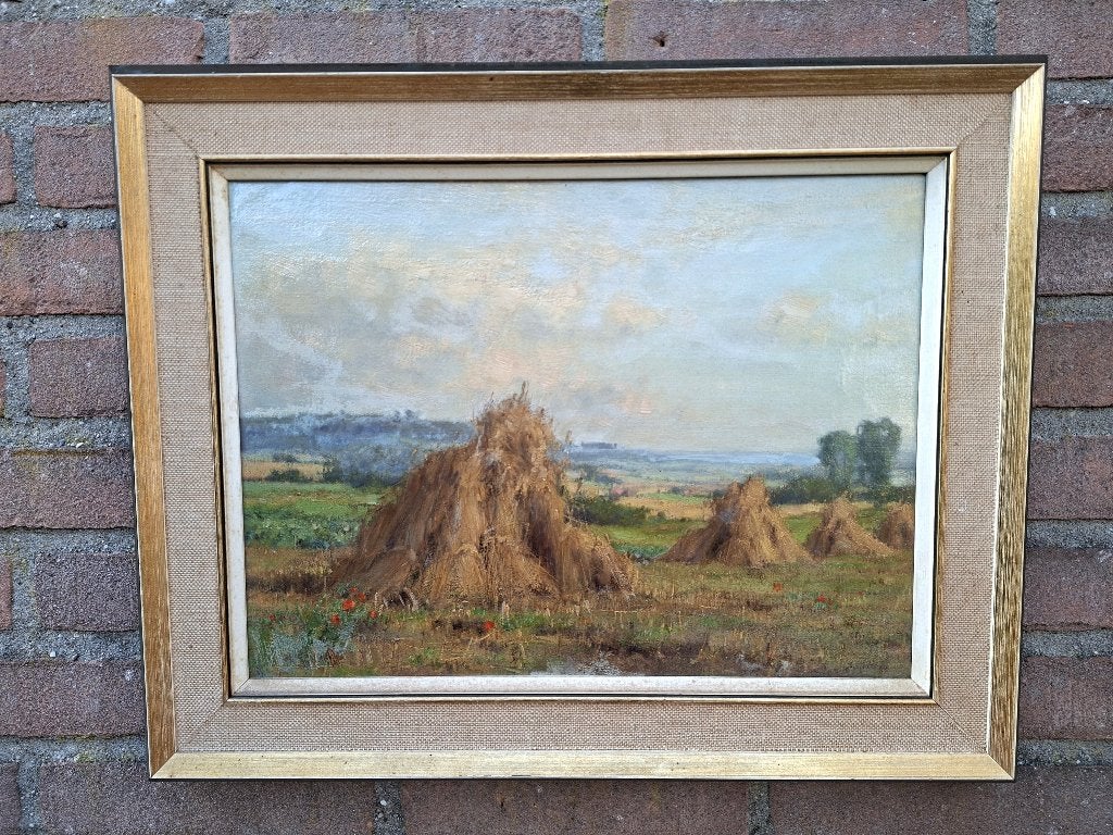 Jan Holtrop (1917-1995) - Korenschoven in Zuid-Limburg, Doek, Ophalen of Verzenden, Landschap, Olieverf