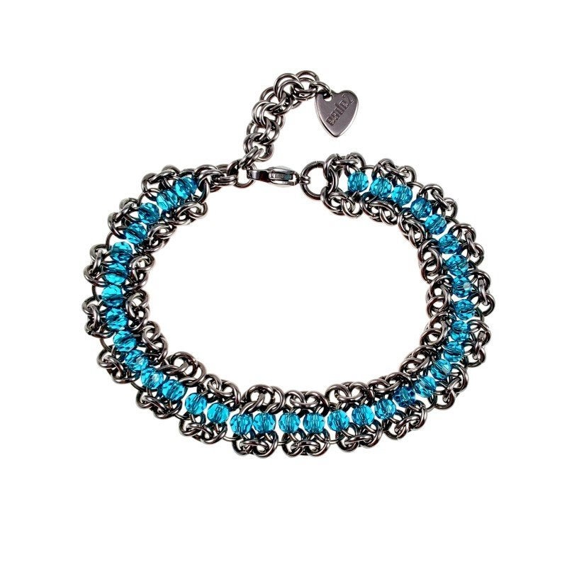Europese Weeftechniek Armband + Turquoise Kristallen - Dames, Sieraden, Tassen en Uiterlijk, Armbanden, Met kristal, Staal, Birgitta-Gracht 33, 6465 EL Kerkrade, Nederland