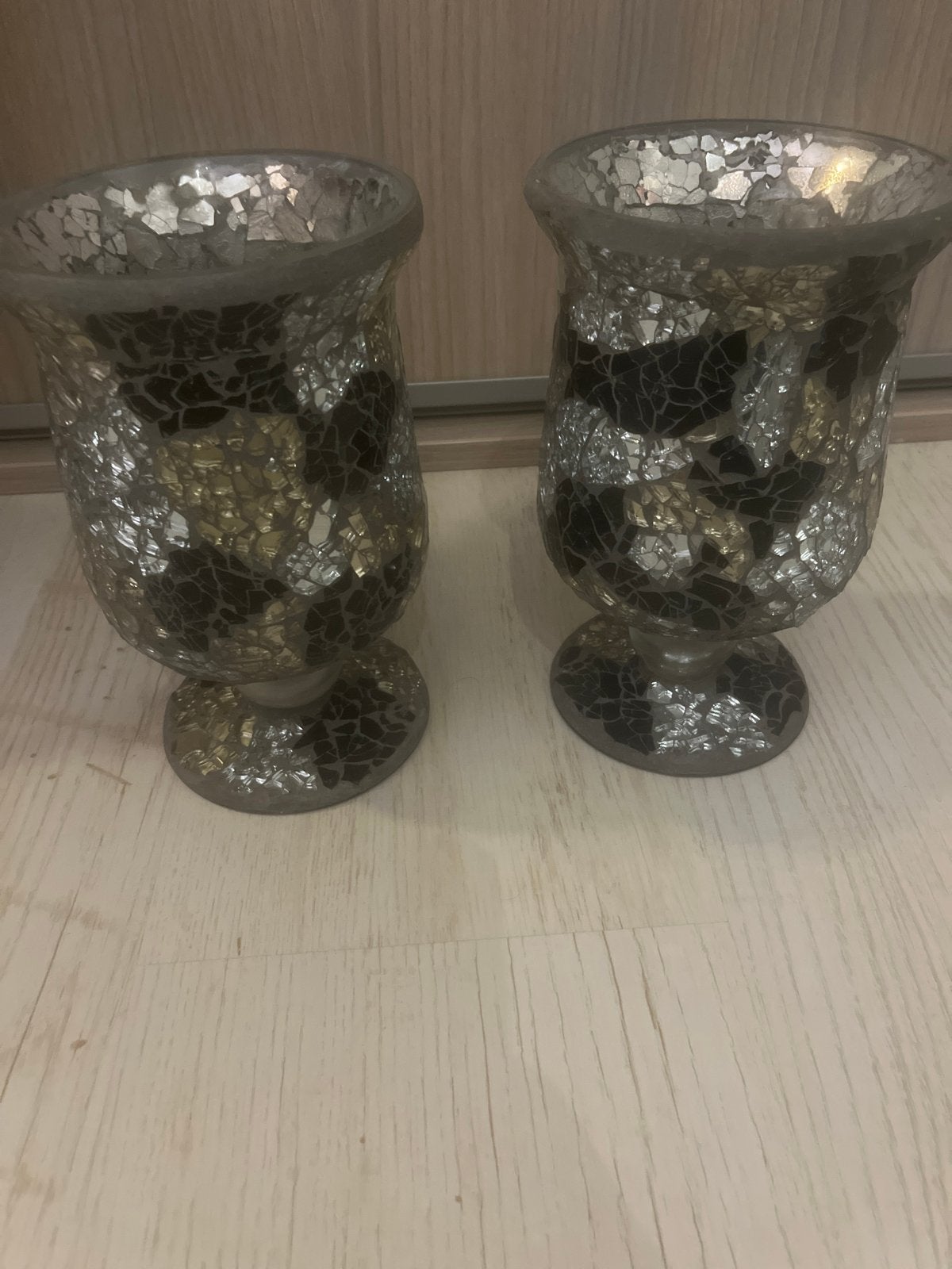 Set van 2 mozaïek vazen - Zilver en zwart, Huis en Inrichting, Met patroon/structuur, Ophalen of Verzenden, Zilver, Glas