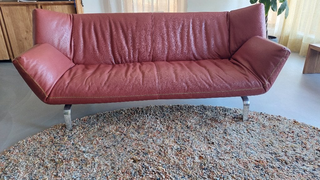 Leren bank, roodbruin, 3-zits, Huis en Inrichting, Ophalen, Driepersoons, 75 tot 100 cm, Zo goed als nieuw