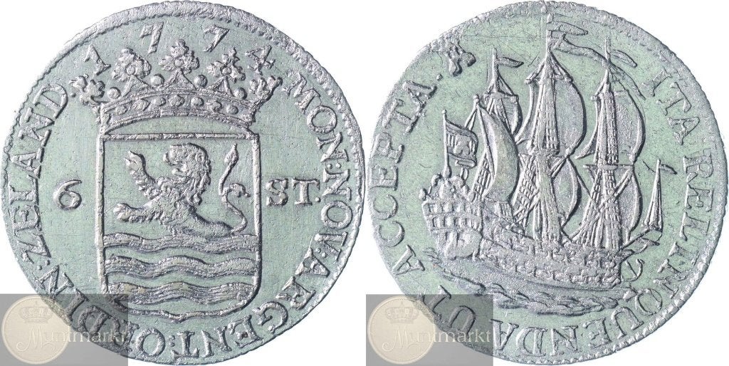 Zeeland - Scheepjesschelling 6 Stuivers 1774 - Kabelrand, Postzegels en Munten, Vóór koninkrijk, Zilver, Losse munt, Overige waardes