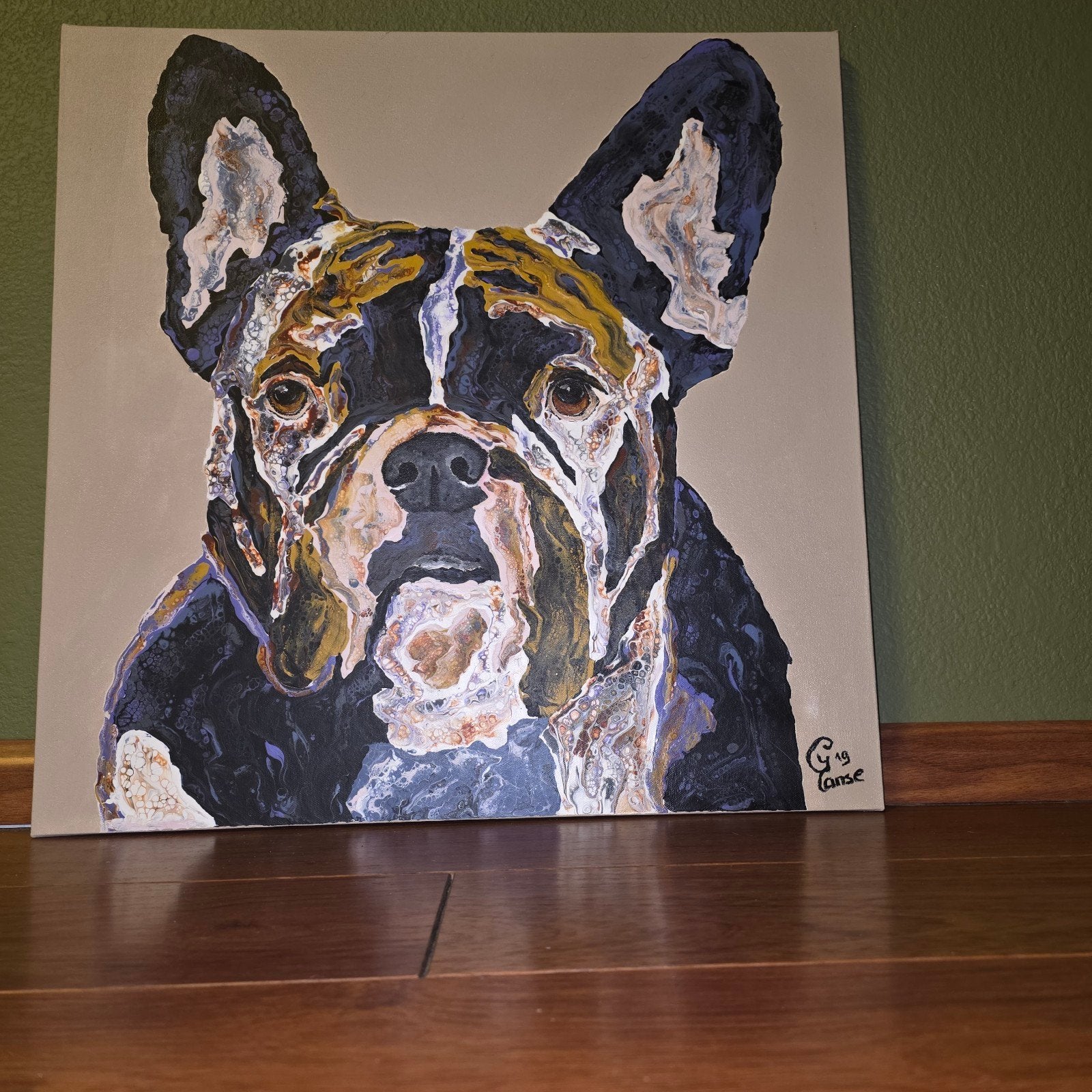Schilderij Franse Bulldog - Uniek en Kleurrijk, Acrylverf, Ophalen of Verzenden, Textiel, Dieren