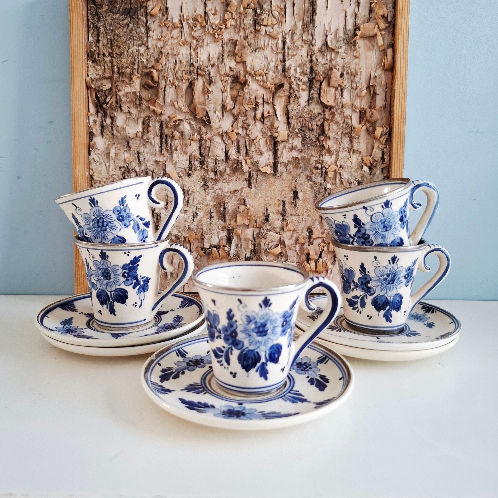 Delfts Blauw, 5 espresso kop en schotels, Antiek en Kunst, Ophalen of Verzenden