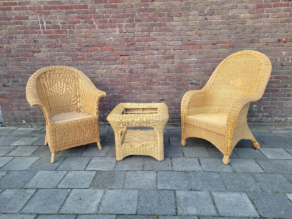 Rotan fauteuils (2 st.) met bijzettafeltje, Ophalen, Minder dan 75 cm, Riet of Rotan, Zo goed als nieuw
