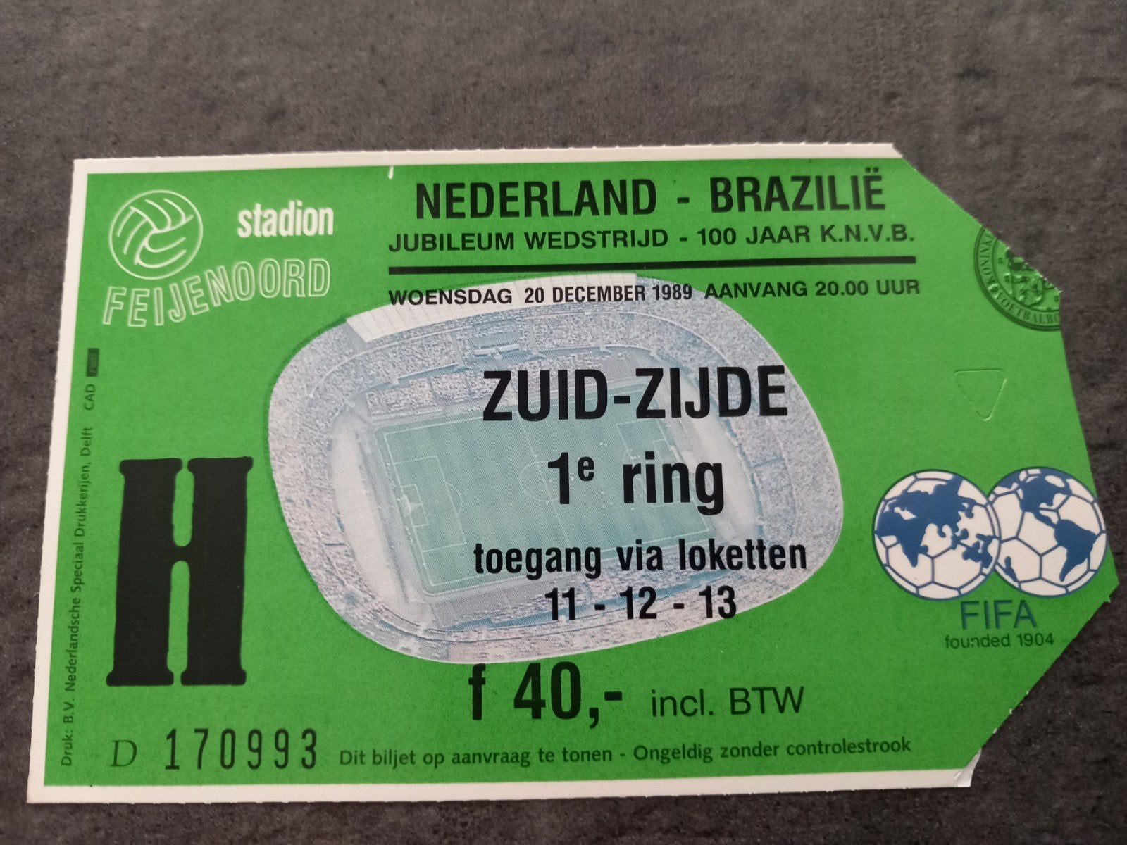 ticket Jubileumwedstrijd 100 jr knvb Ned - Brazilië, Ophalen of Verzenden, Zo goed als nieuw, Overige binnenlandse clubs, Poster, Plaatje of Sticker