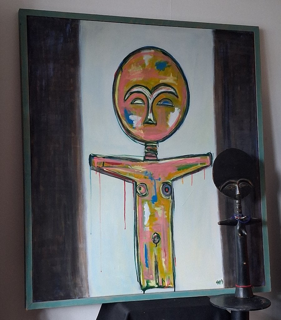 Schilderij Akua'ba, vruchtbaarheidsbeeld, Charlotte Donkers, Ophalen, Figuren, Gemengde techniek, Gesigneerd