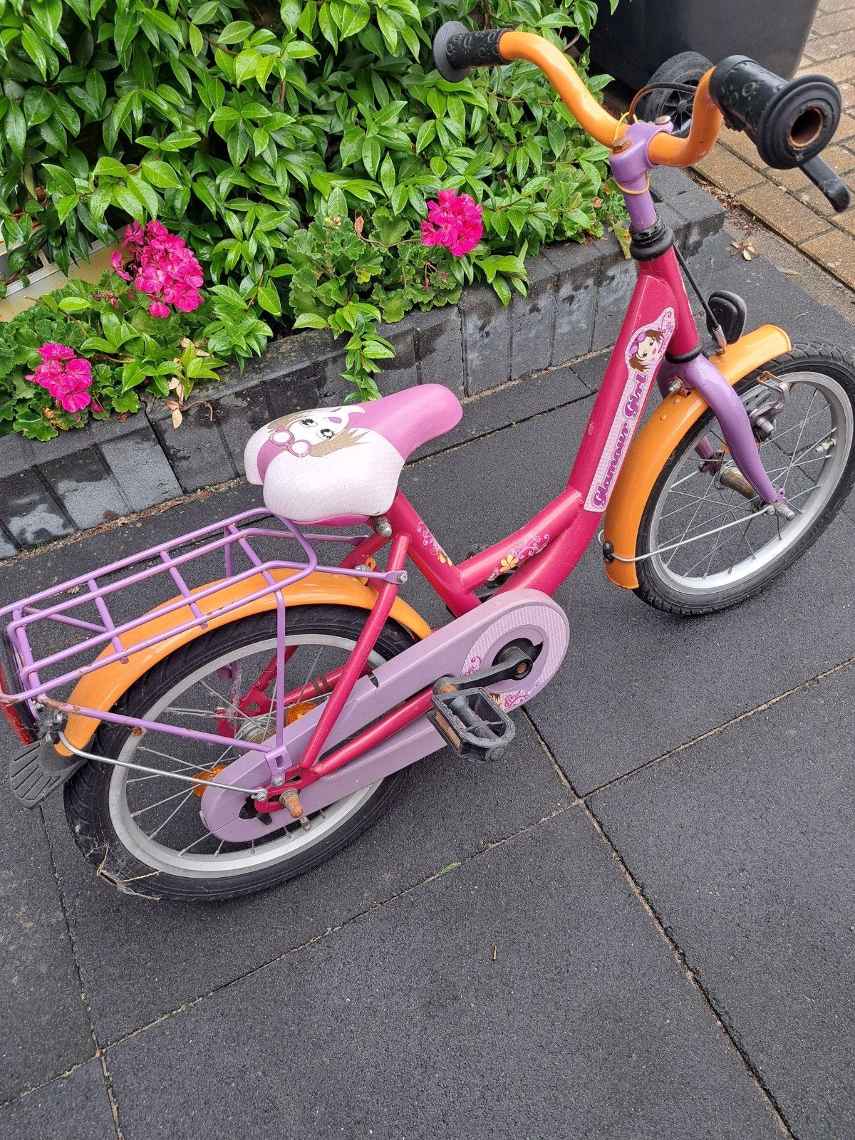 Kinderfiets 16 inch - Roze/Oranje - Kettingkast gescheurd, Ophalen, Terugtraprem, Glamour Girl, 16 tot 20 inch