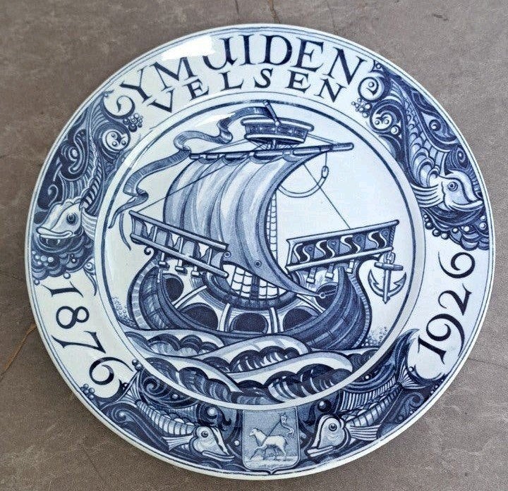 Twee historische Delfts blauwe wandborden Velsen/IJmuiden, Ophalen of Verzenden