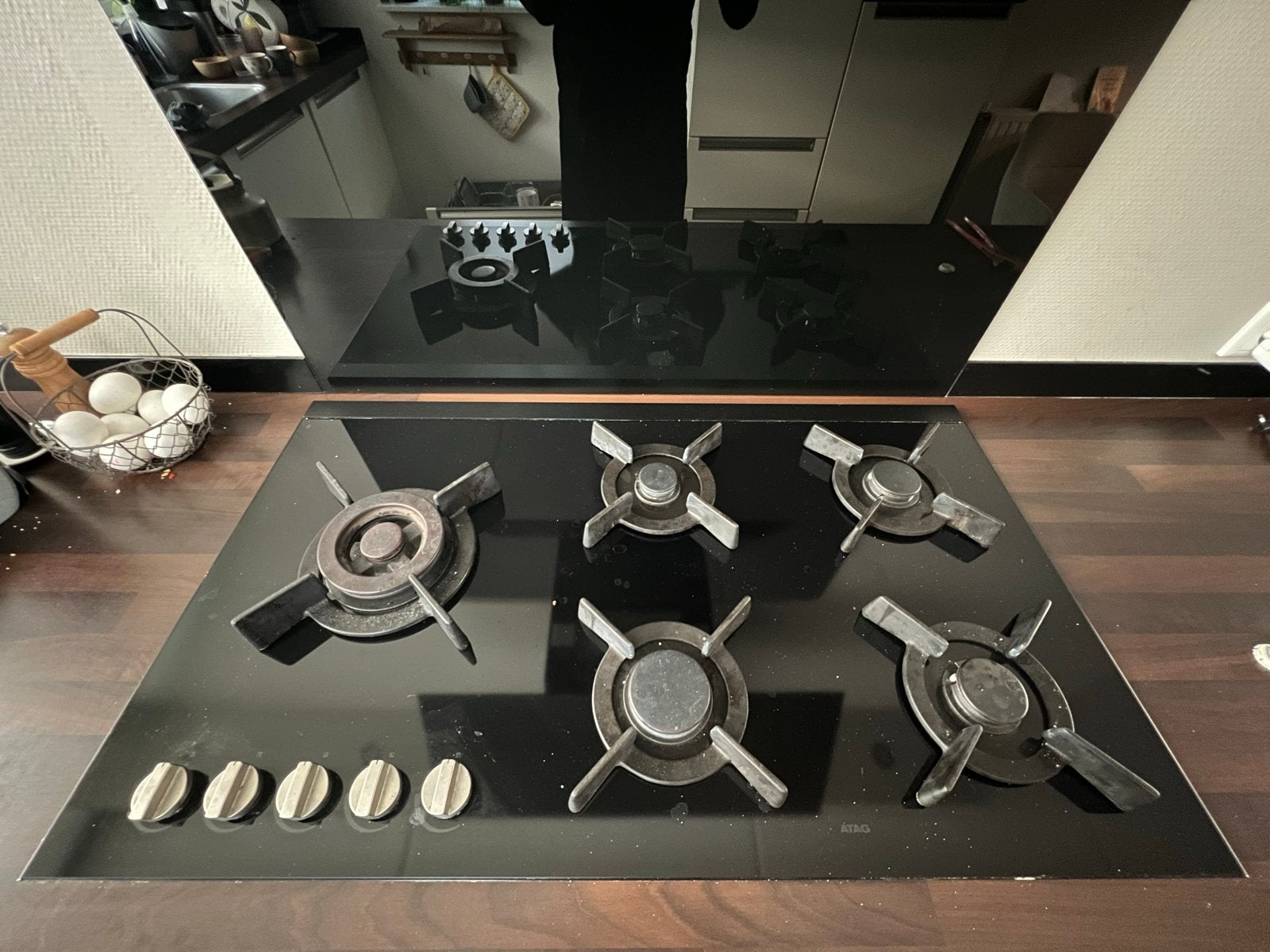 Atag gaskookplaat - 5 pitten - wokbrander - Zwart glas, Ophalen, Gebruikt, Inbouw, Gas