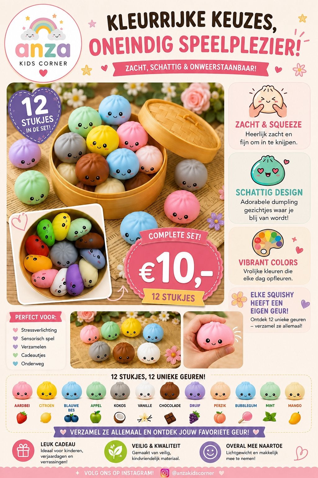 Anza Kids Corner Squishy Dumplings - 12 Stuks, Kinderen en Baby's, Speelgoed | Overig, Ophalen of Verzenden, Nieuw, Jongen of Meisje