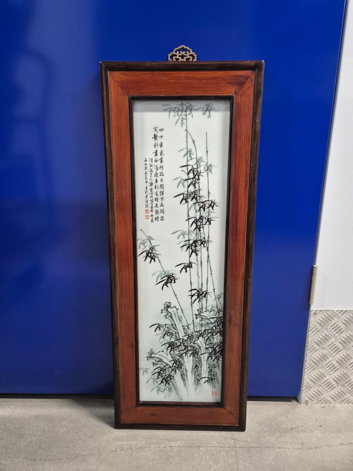 Antiek Chinees bamboe schilderij in houten lijst, Ophalen of Verzenden