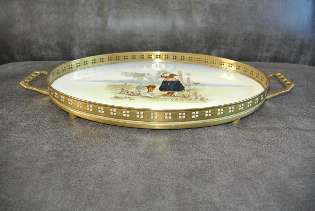 Art Deco dienblad koperen sierrand porseleinen inleg, Ophalen, Gebruikt, Rond, Metaal