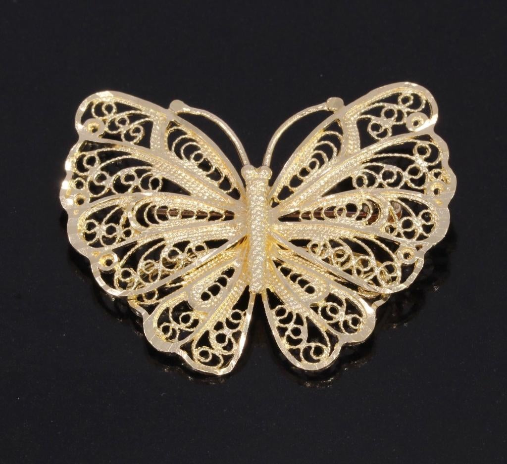 Vlinder broche 14k goud fraai filigrain lijfje handgemaakt, Verzenden, Goud, Broche, Met edelsteen