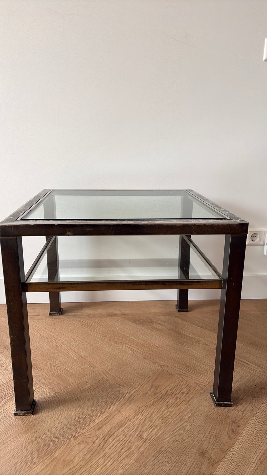 Glazen messing salontafel 58x58x52 cm, Huis en Inrichting, Ophalen, Gebruikt, 100 tot 150 cm, 50 tot 100 cm