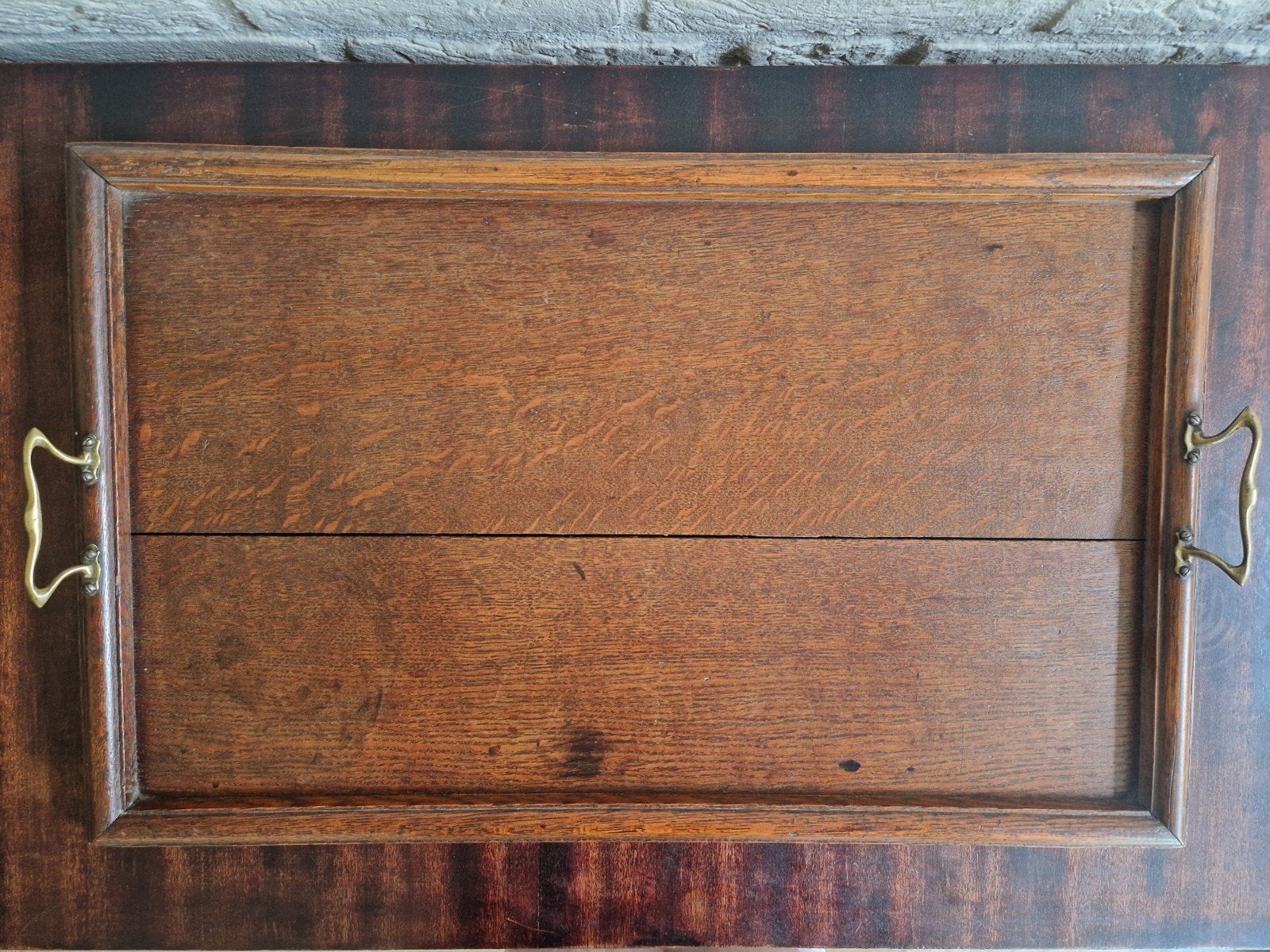 Antiek eikenhouten dienblad met messing grepen, Ophalen of Verzenden