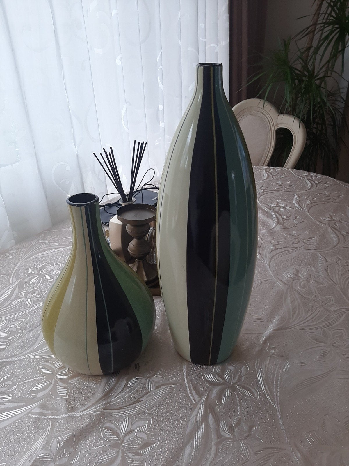 Retro groen/bruin/petrol/gele vazen.
Hoge vaas is 50cm hoog, Ophalen of Verzenden, Bruin