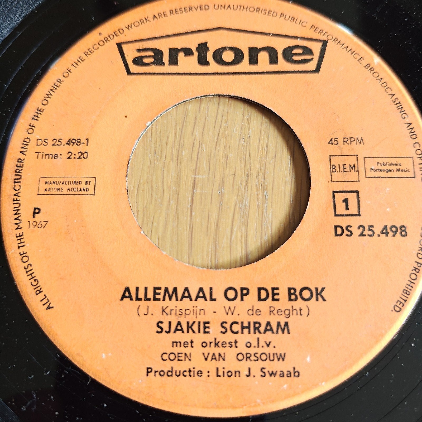 Sjakie Schram - Allemaal Op De Bok (Vinyl Single 1967), Gebruikt, 7 inch, Ophalen of Verzenden, EP