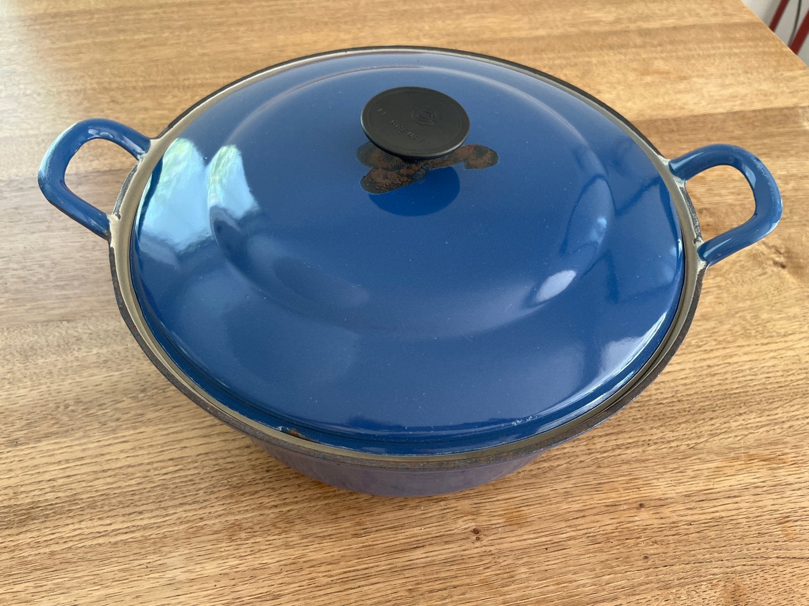 Le Creuset blauwe emaille braadpan, Huis en Inrichting, Keuken | Potten en Pannen, Gebruikt, Braadpan, Met deksel, Le Creuset