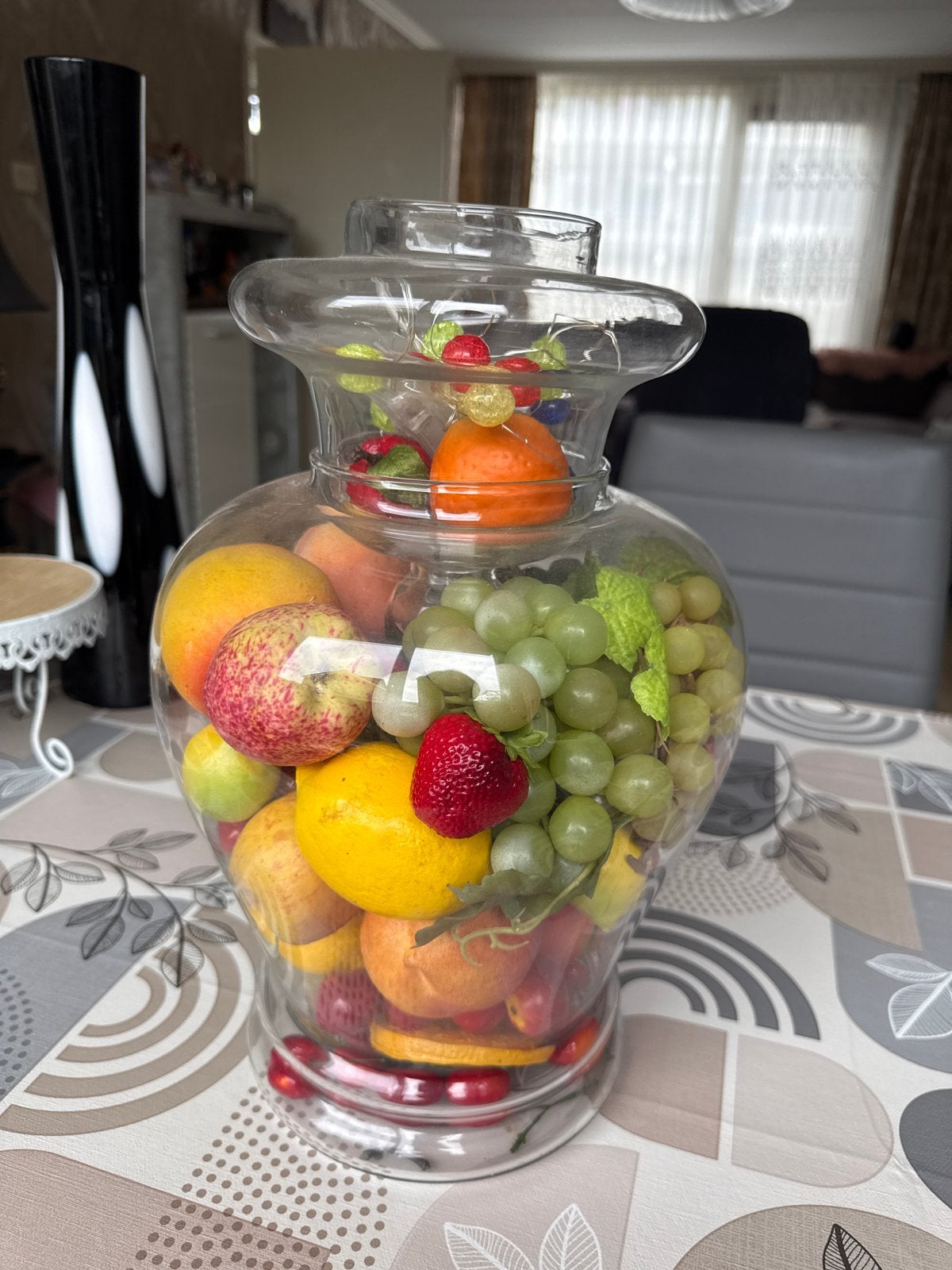 Grote glazen vaas met kunstfruit en verlichting, Ophalen, Transparant, Inclusief decoratie, Glas