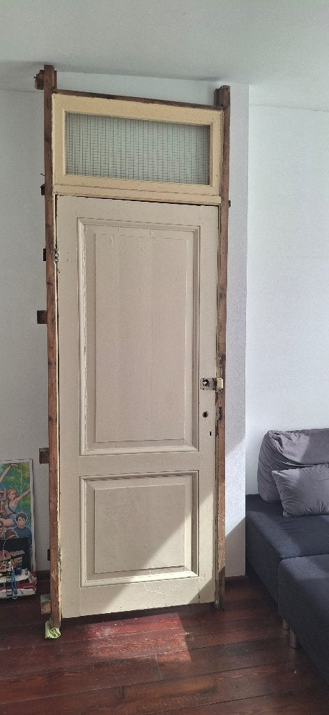 19e-eeuwse paneeldeur, met origineel kozijn en bovenlicht, Doe-het-zelf en Verbouw, Deuren en Horren, Ophalen, Gebruikt, 80 tot 100 cm