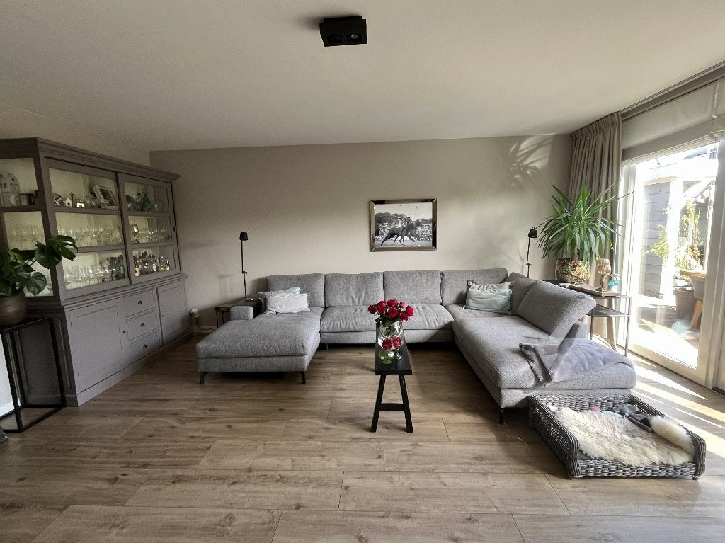 Grote grijze stoffen hoekbank met chaise longue, Ophalen, 300 cm of meer, Zo goed als nieuw, Stof