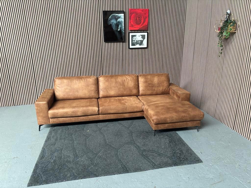 GRATIS LEVERING Loungebank Cognac 300x150 GEREINIGD, Hoekbank, 300 cm of meer, Ophalen of Verzenden, Zo goed als nieuw