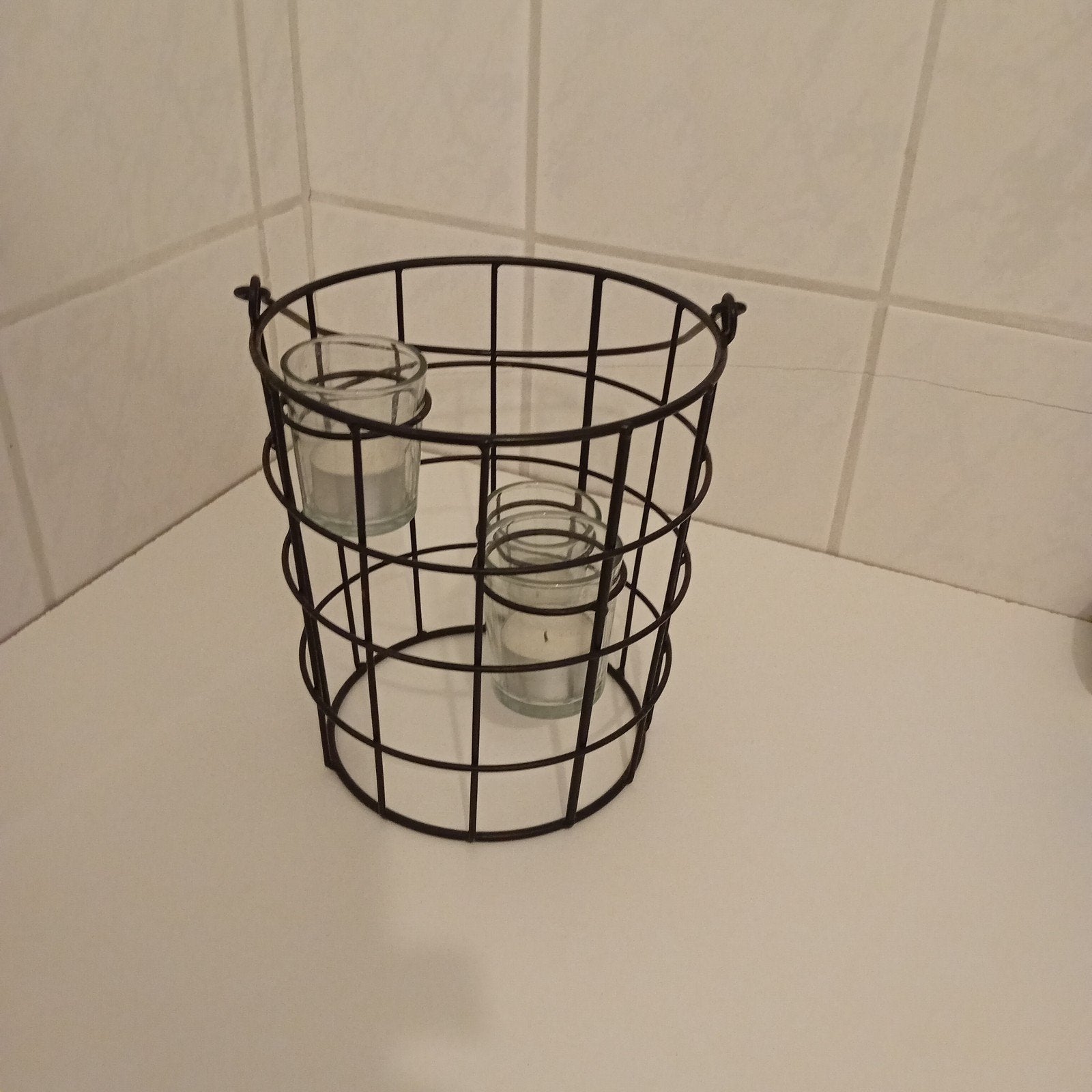 Zwart metalen windlicht met glazen houders, Windlicht, Gebruikt, Zwart, Ophalen of Verzenden