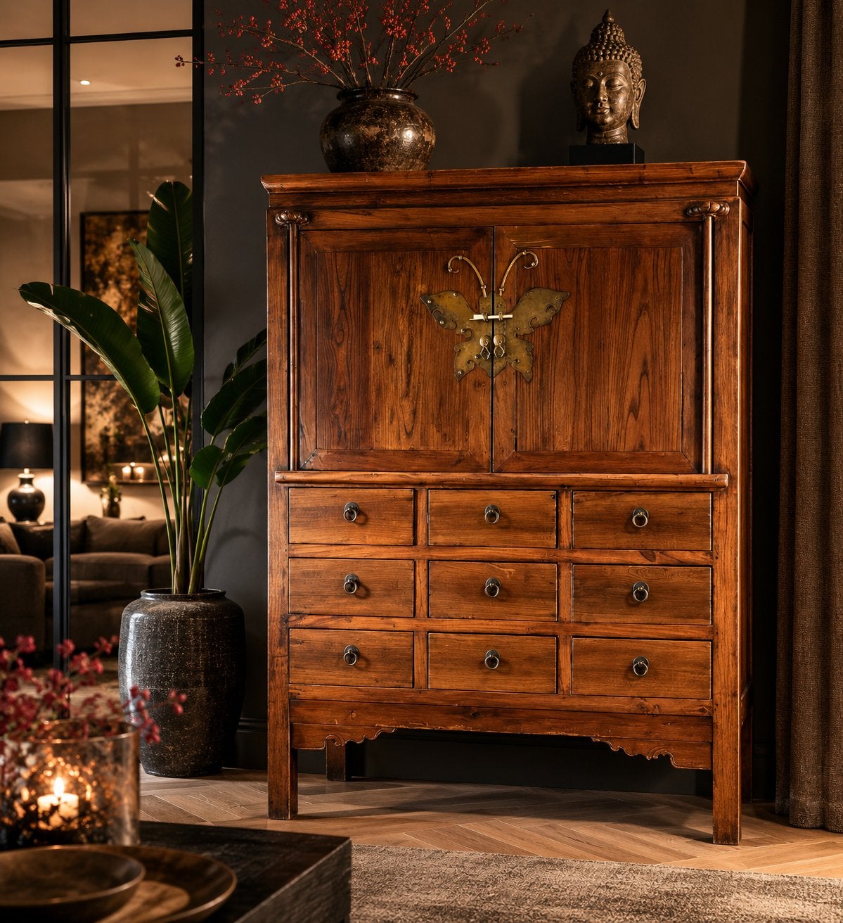 Prachtige Oosterse Vlinderkast | Aziatische Buffetkast | TOP, Huis en Inrichting, Kasten | Buffetkasten, Zo goed als nieuw, 150 tot 200 cm
