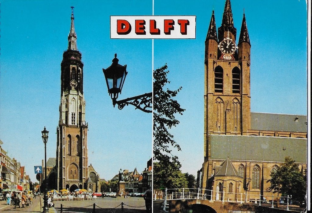 Vc467 gelopen ansichtkaart delft oude en nieuwe kerk, Verzamelen, Ophalen of Verzenden, 1980 tot heden, Gelopen, Zuid-Holland