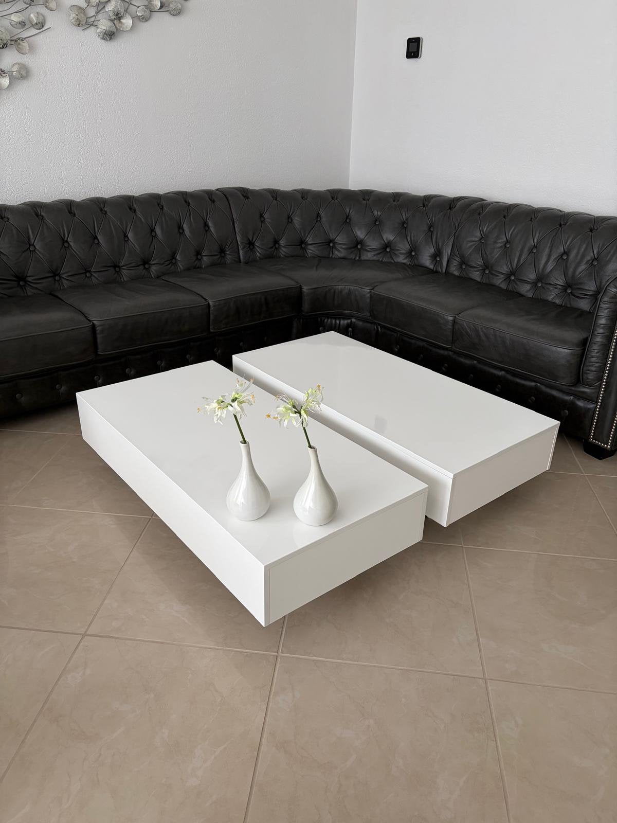 Set van twee Witte Hoogglans Tafels, Ophalen, Kunststof, 100 tot 150 cm, 50 tot 100 cm