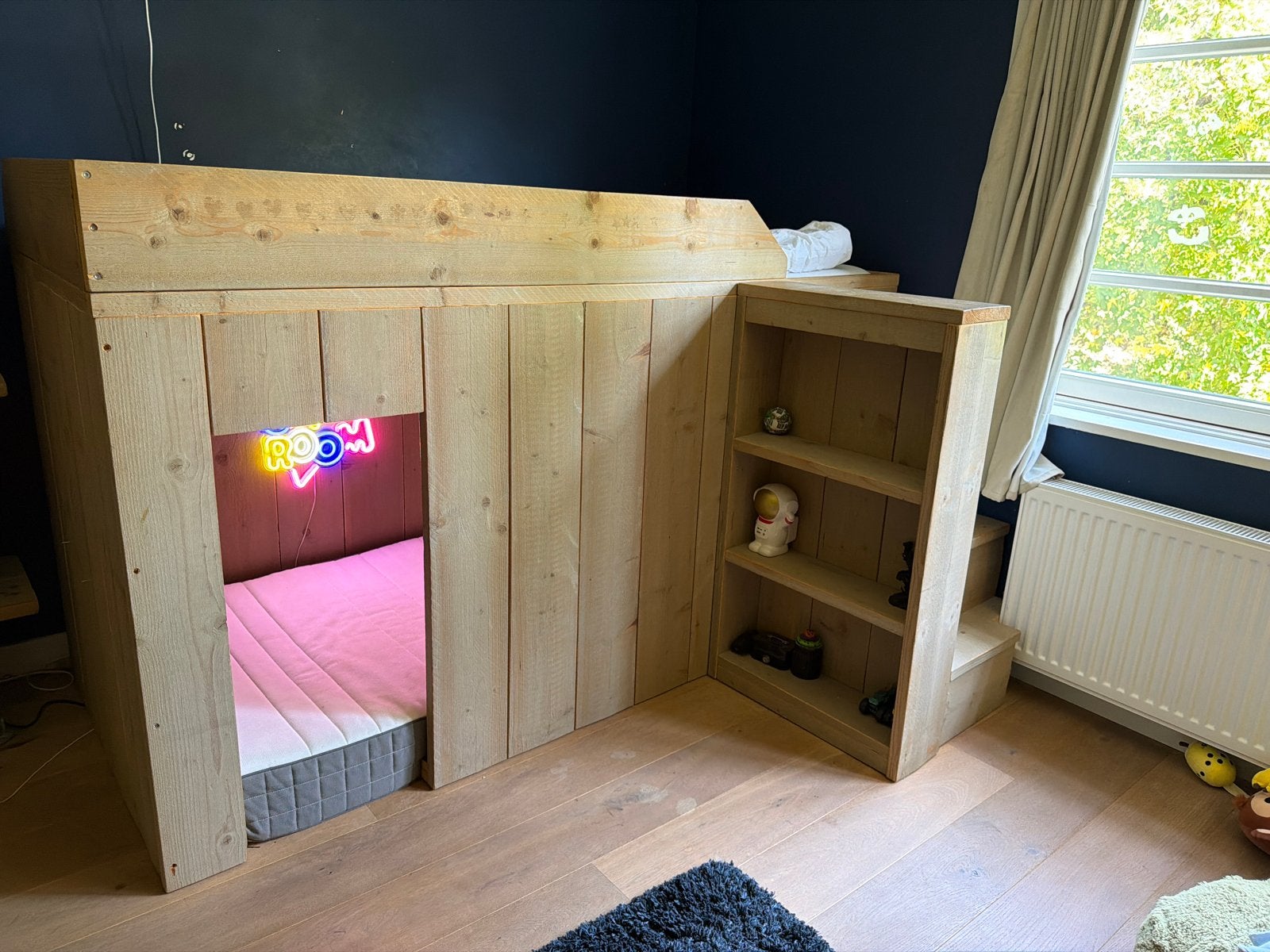 Hoogslaper steigerhout met trap en opbergruimte, Ophalen, Hoogslaper, Eenpersoons, Minder dan 160 cm