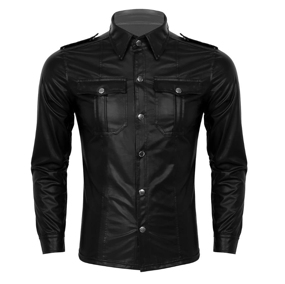 Zwart leren overhemd met knopen / wetlook lakleer heren, Kleding | Heren, Overhemden, Verzenden, Nieuw, Zwart, Overige halswijdtes