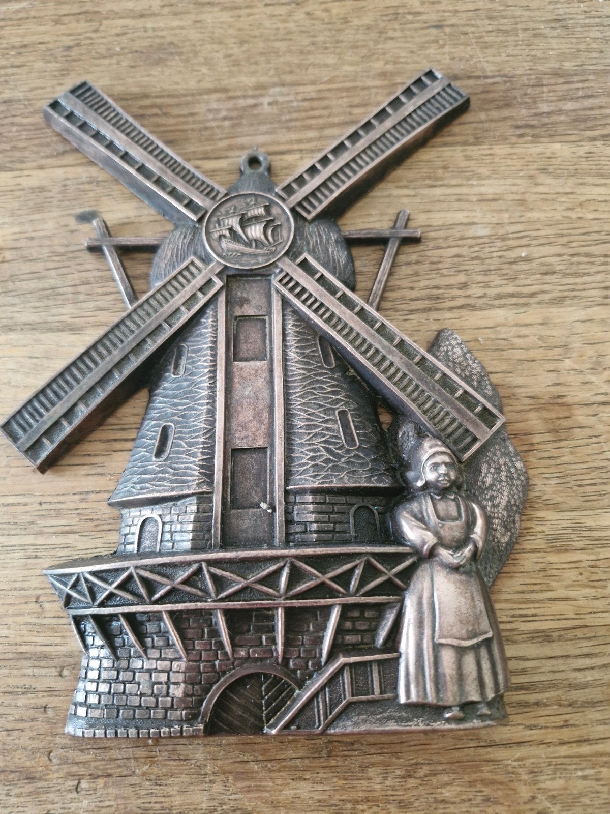 Vintage Koperen Molen Wanddecoratie met Hollandse Dame, Ophalen of Verzenden
