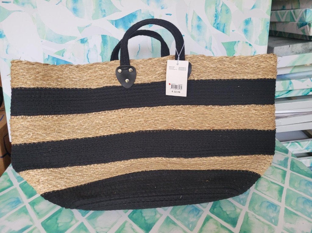 gave tas van stro en touw. Zwart naturel. Van intratuin., ., Zwart, Shopper, Nieuw