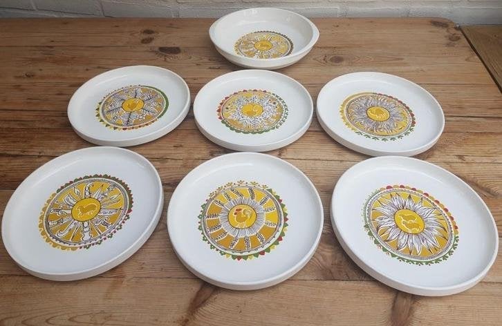 Vintage Franse borden set + schaal, dieren, planten & dolken, Ophalen of Verzenden