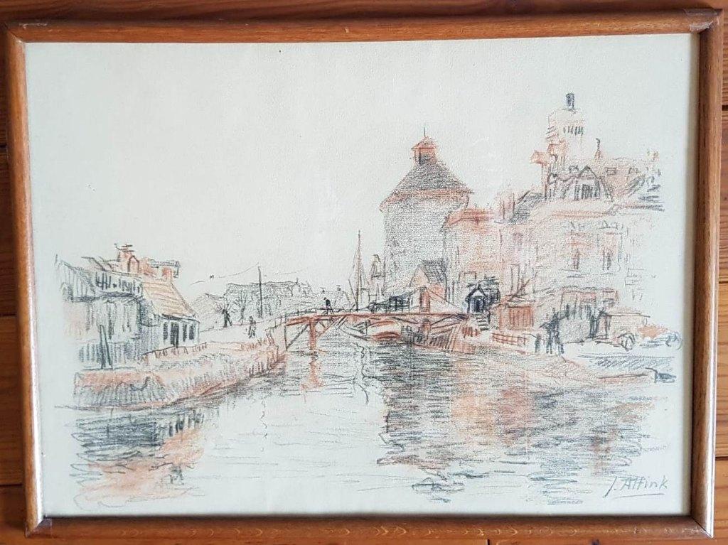 +Jan Altink(1885)Tekening"Gezicht Groning Winschoterdiep"Ges, Ophalen of Verzenden