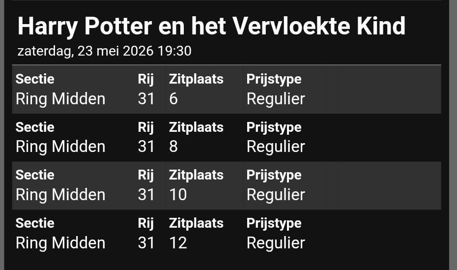 Tickets harry potter the musical., Drie personen of meer