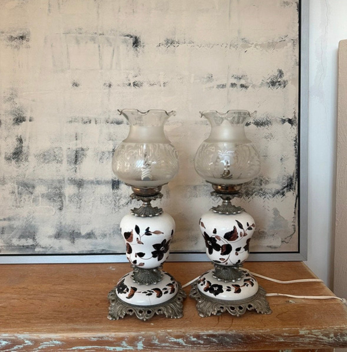 Pair of Vintage Hurricane Parlor Lamps, Ophalen of Verzenden, Zo goed als nieuw, Design