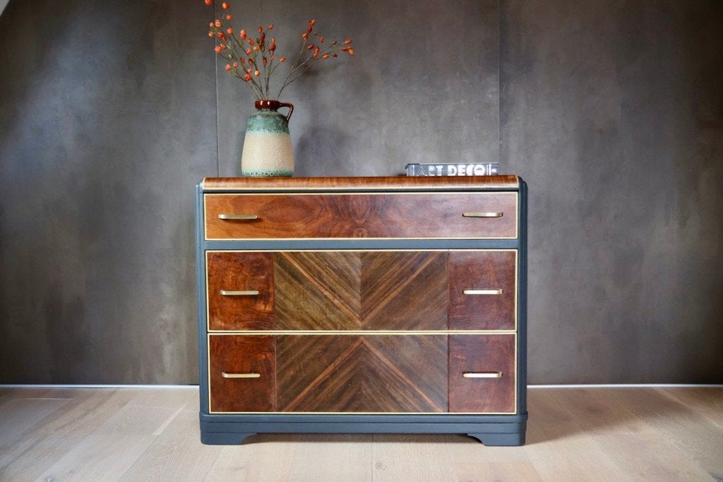 Waterfall Art Deco ladekast | walnootfineer | gerestaureerd, Art Deco, vintage, traditioneel, waterfall, dressoir, dresser, Gebruikt