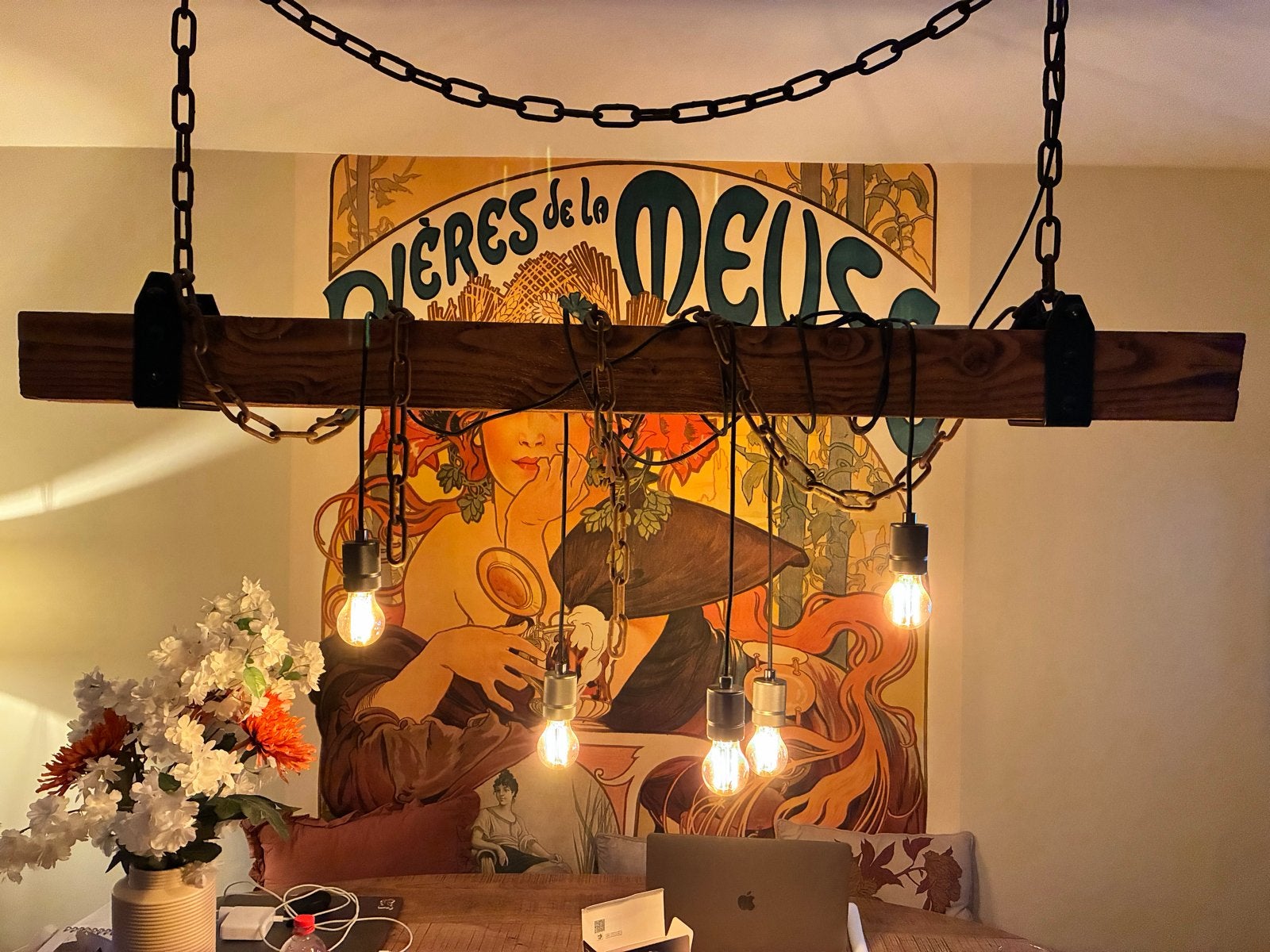 Unieke houten balk hanglamp met kettingen en Edison lampen, Ophalen, Zo goed als nieuw, Hout, E27 (groot)