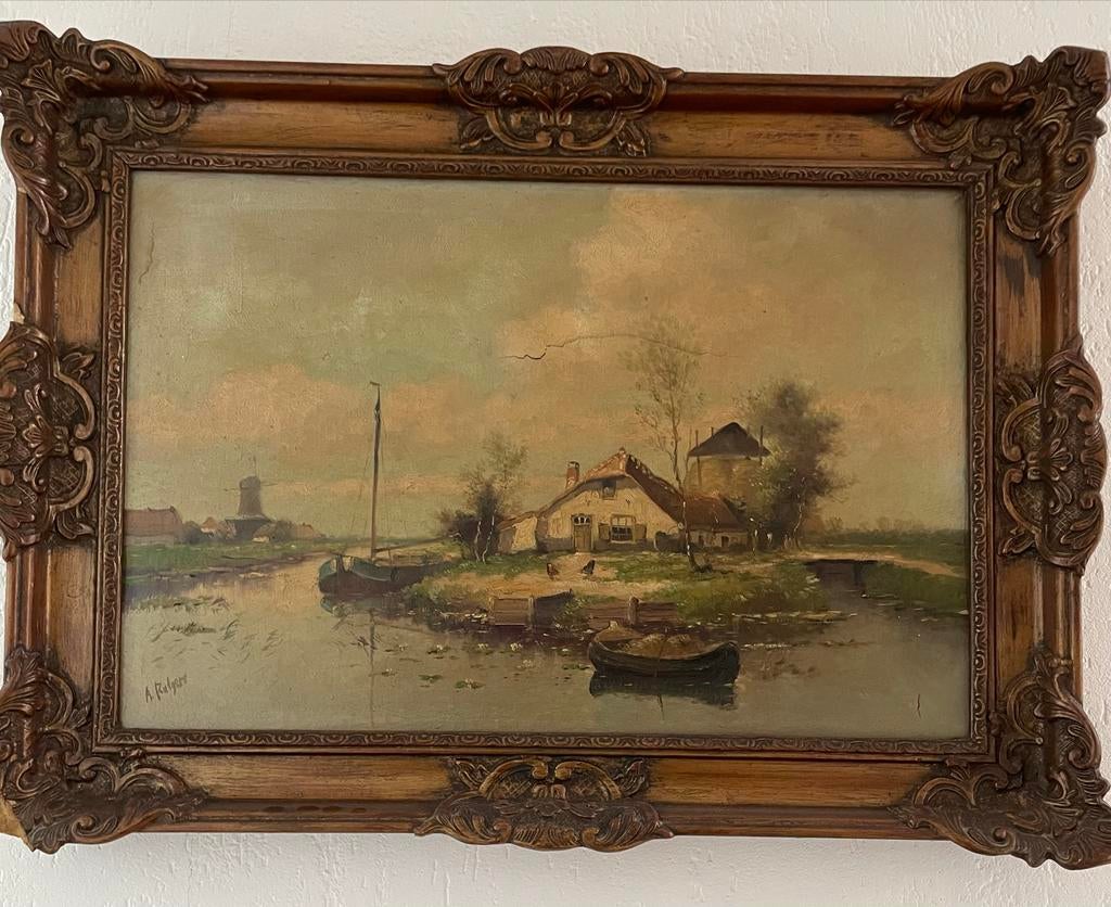Landschap Schilderij met boerderij A. Rutgers (beschadigd), Antiek en Kunst, Ophalen