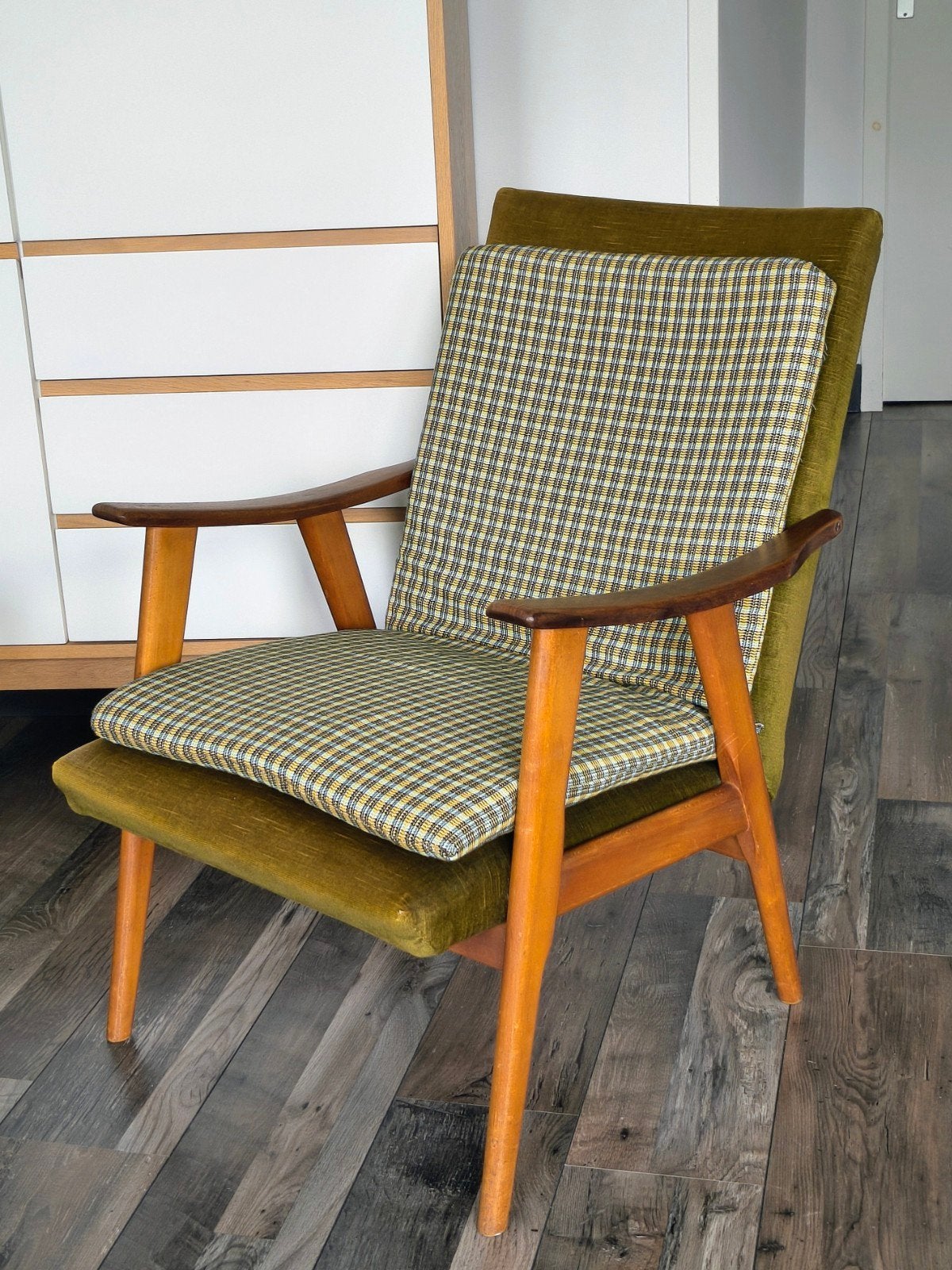 Vintage Mid-Century Fauteuil Jaren '60 - Hout & Geruit, Ophalen, Hout, Gebruikt, Mid-century, Vintage, Jaren '60
