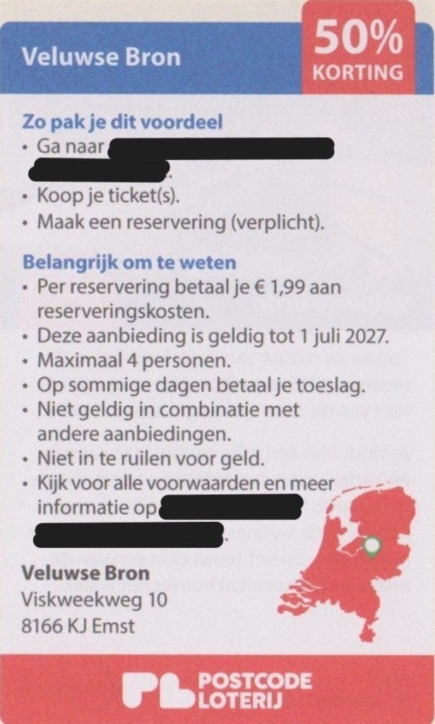 Veluwse Bron Emst. 50% korting. Postcodeloterij kortingsbon., Drie personen of meer, Kortingsbon, Spa of Sauna