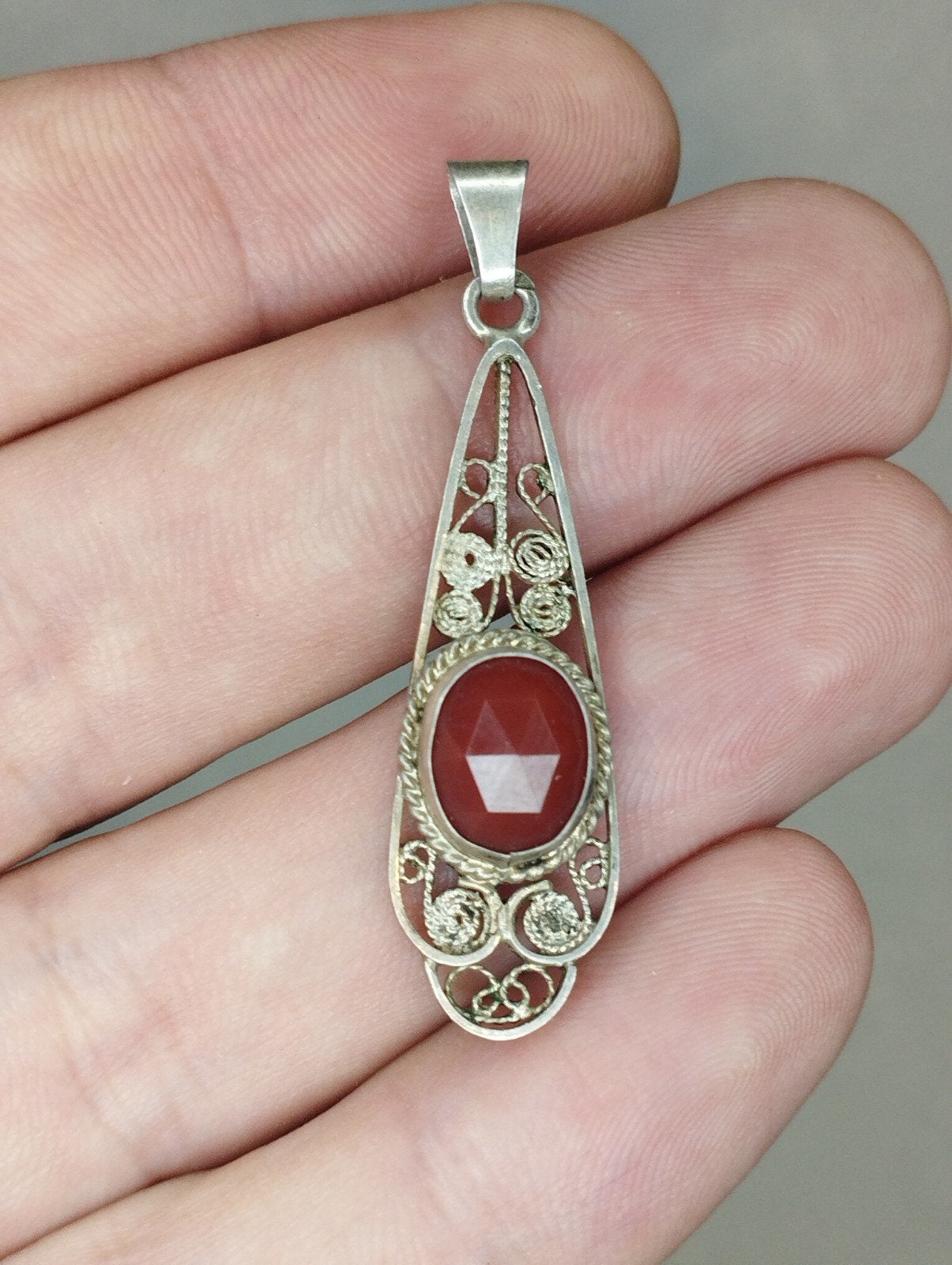 Oude filigraan zilveren carneool hanger, Ophalen of Verzenden, Zo goed als nieuw, Zilver, Zilver