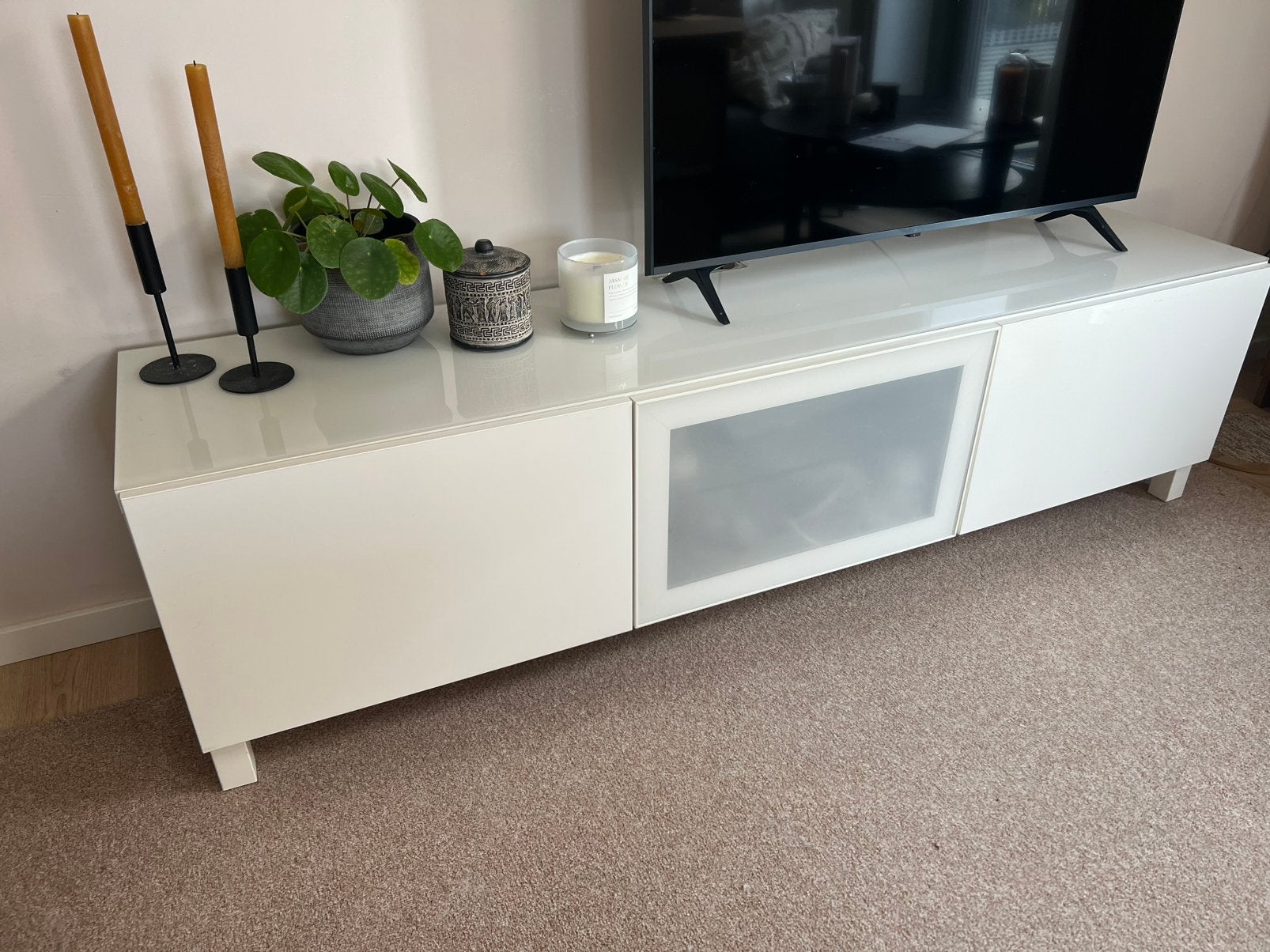 IKEA BESTA tv kast wit met glazen bovenblad, Ophalen, Gebruikt, 150 tot 200 cm, Minder dan 100 cm