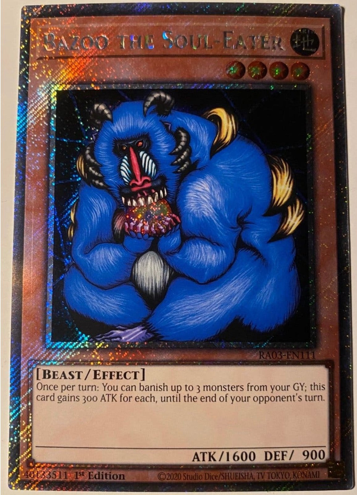Yu-Gi-Oh! Bazoo the Soul-Eater RA03 1st Edition !, Ophalen of Verzenden, Zo goed als nieuw, Losse kaart, Foil